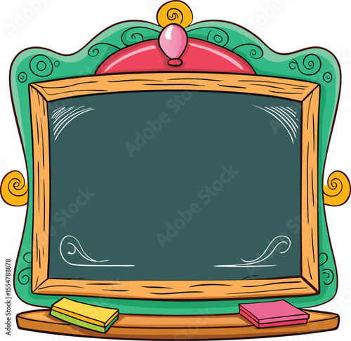 Charming cartoon blackboard with decorative frame and colorful chalk sticks
