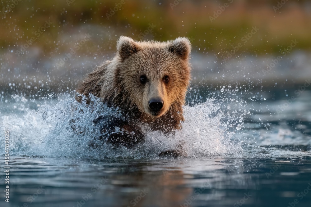 Fototapeta premium A grizzly bear is energetically splashing in a river while trying to catch fish, surrounded by stunning natural scenery at sunset