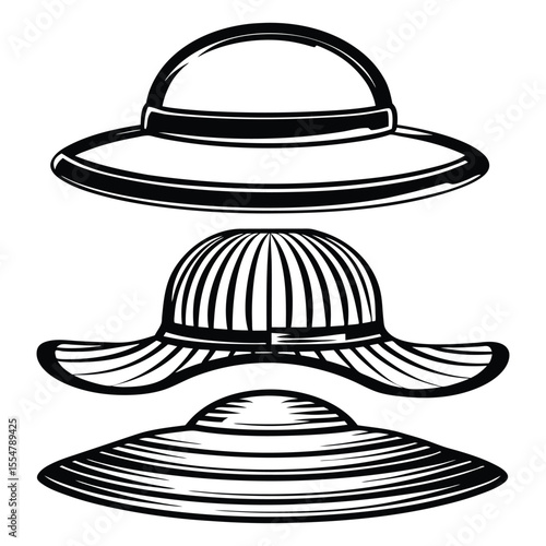 Collection of three black and white stylized sun hats for women