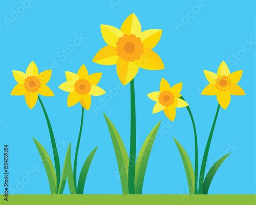 Vector art of five cheerful yellow daffodils in full bloom against a bright blue sky