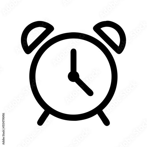 Minimalist black outline vector icon of an alarm clock, symbolizing time management, waking up, and scheduling. Clean design on a transparent background