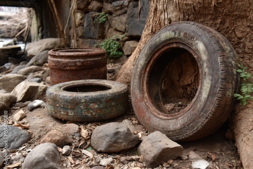 Worn tires leaning against a tree beside a rocky area, with a stream visible in the background, showcasing nature and decay