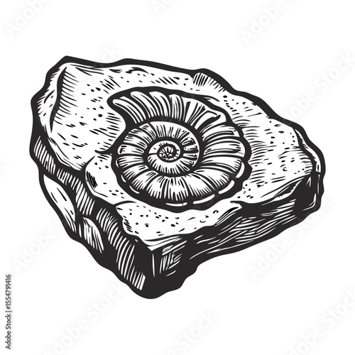 Intricate ammonite fossil embedded in stone. Detailed fossil ammonite in rock shows ancient life.  Fossil in stone image perfect for science textbook, museum exhibit.