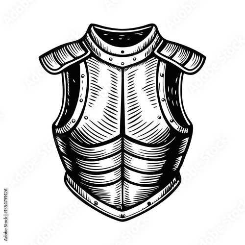 Hand-drawn knight's armor sketch. Detailed cuirass illustration with engraved texture and metal plates.  Historical armor design perfect for creating medieval-themed illustrations, historical books.