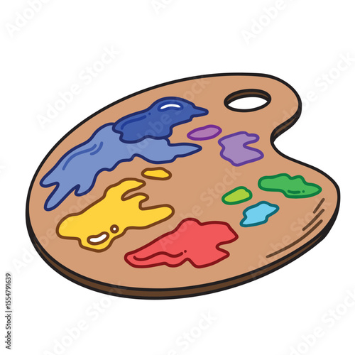 Colorful wooden paint palette outlined illustration isolated on white background.