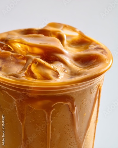 Close-up of caramel iced latte in a transparent cup showcasing swirling coffee texture blending with creamy milk, condensation droplets on the glass surface, commercial product photography