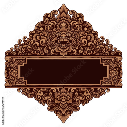 Balinese Carving with barong Face and Floral Ornaments frame vector