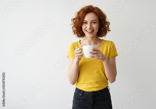 Smiling woman with red hair holds a white mug, looking happy.