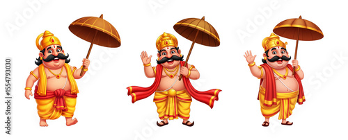 Set of cartoon king mahabali holding umbrella and waving- onam festival illustration, isolated on transparent background 