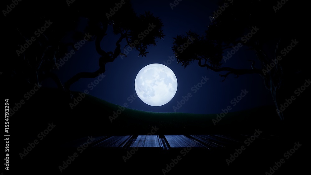 Naklejka premium A serene moonlit night scene featuring a bright full moon illuminating a dark landscape with silhouetted trees and a wooden platform below.