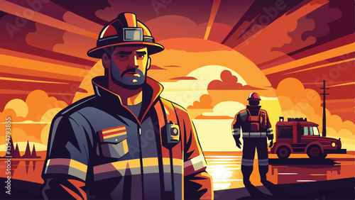 Firefighter using extinguisher while actively working in safety gear