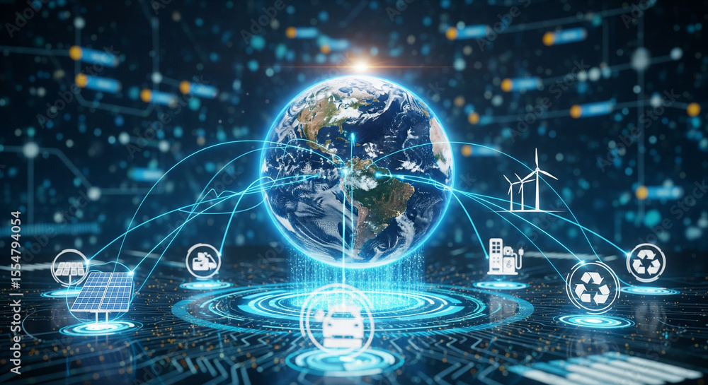 A global network of digital fractal realms connects our world, illustrating the future of technology and information A global network of digital fractal realms connects our world, illustrating the future of technology and information