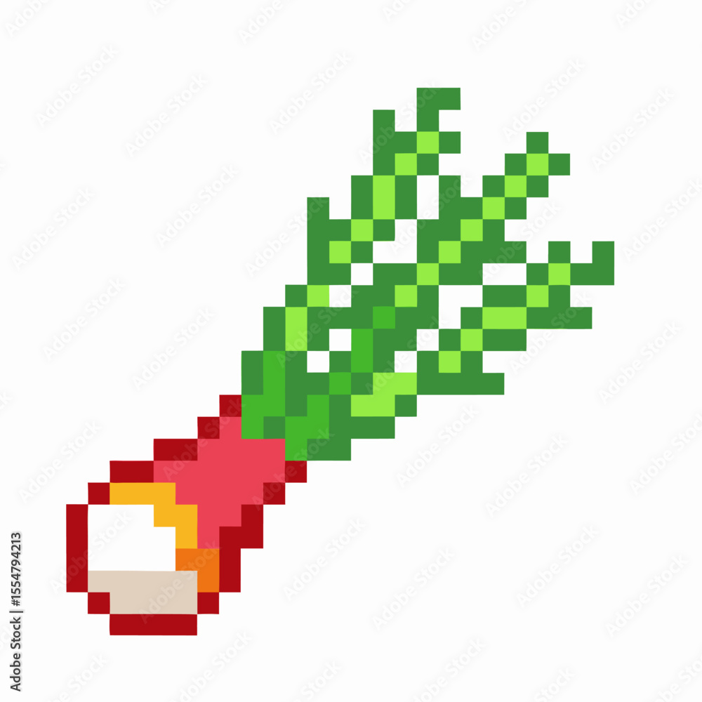 Fototapeta premium Pixel art radish with green leaves retro vegetable icon, digital food illustration, isolated on white background