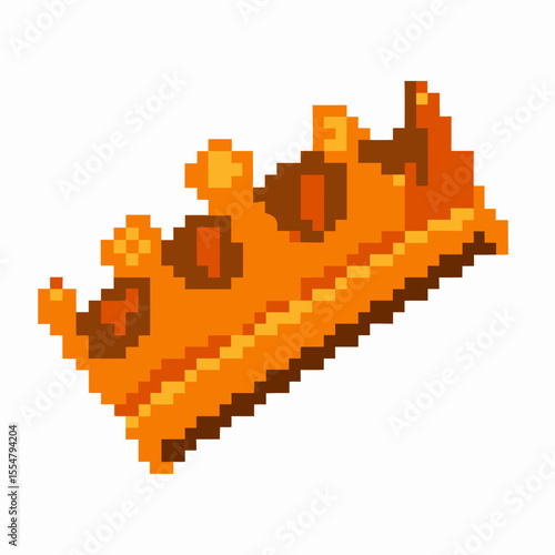 Pixel art golden crown tilted on white background retro video game royal headpiece, symbol of victory and leadership