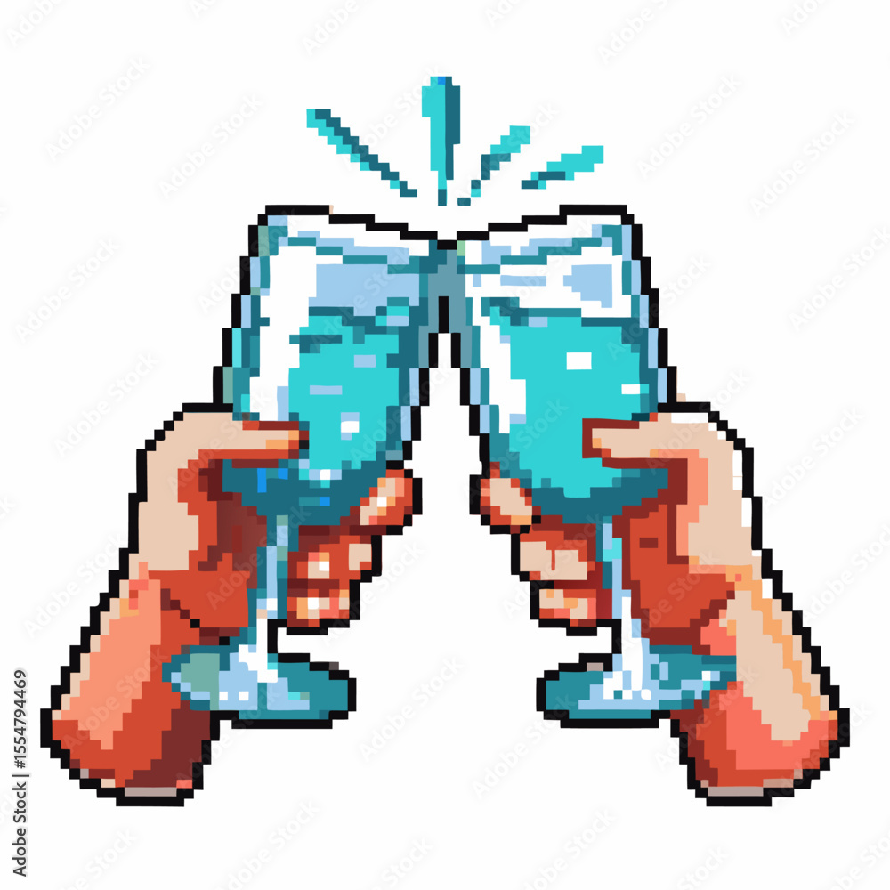 Obraz premium Pixel art hands clinking glasses in celebration, blue liquid splashing retro toast, festive cheers, party handshake gesture