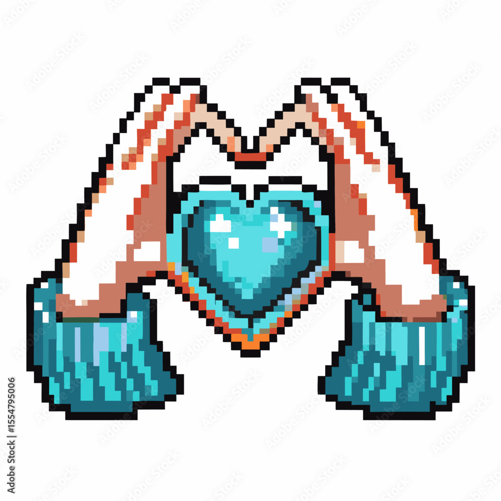 Obraz premium Pixelated hands forming heart shape gesture with turquoise heart, retro digital art style, love and friendship symbol