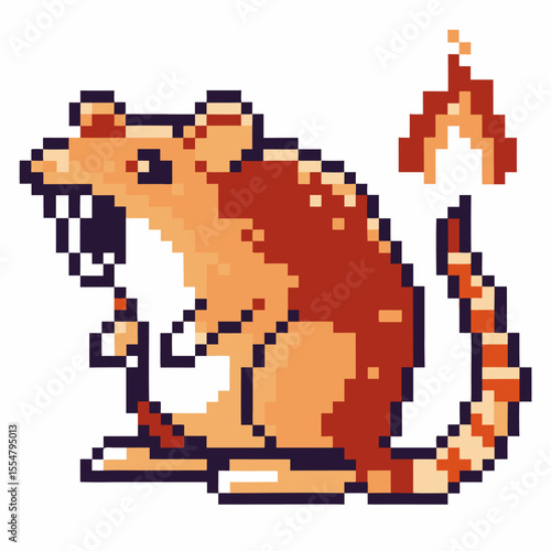 Pixel art rat roaring in profile view, open mouth and fiery tail retro gaming character, vintage digital illustration