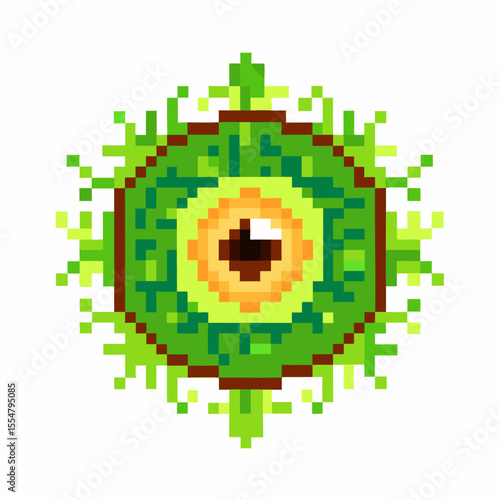 Pixel art green eye symbol with digital glitch effect abstract circular design, retro gaming style, vibrant green and yellow