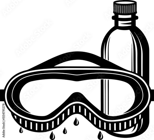 Swimming goggles with water droplets and plastic bottle pool safety, hydration, aquatic activity, health equipment concept