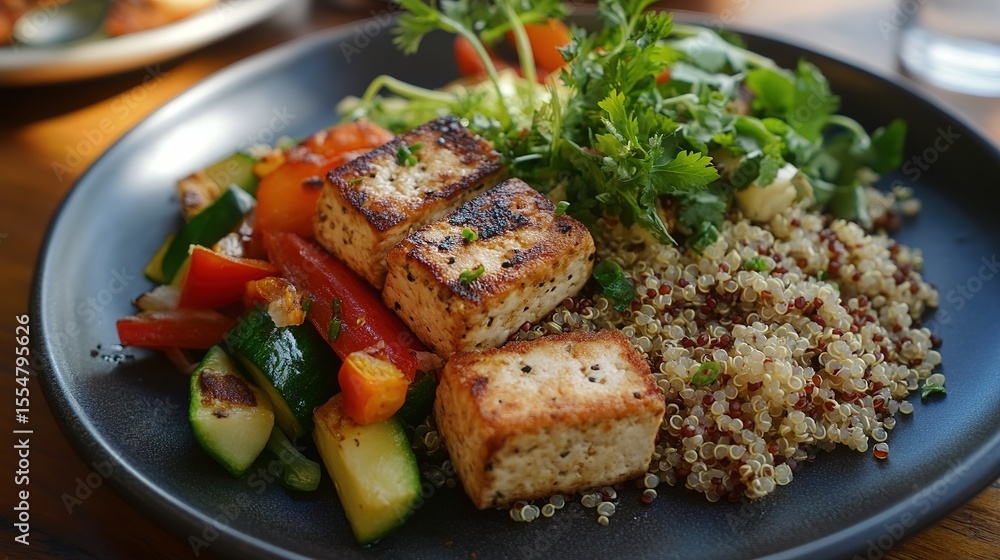 A healthy plate featuring grilled tofu, quinoa, and mixed vegetables garnished with fresh herbs. A healthy plate featuring grilled tofu, quinoa, and mixed vegetables garnished with fresh herbs.