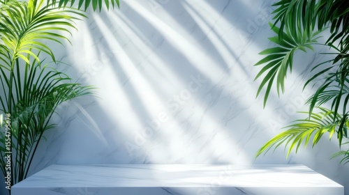 A sunlit white wooden surface framed by green palm leaves casting shadows on a soft blue background.