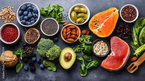 A colorful assortment of healthy foods including fruits, vegetables, nuts, seeds, and salmon arranged on a dark surface.
