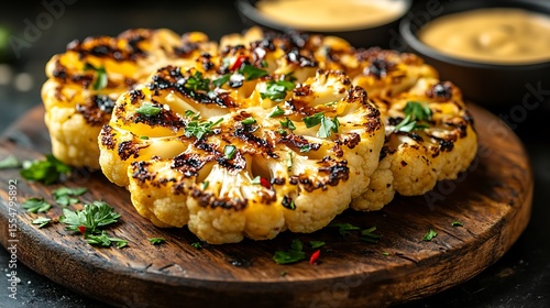Tasty grilled cauliflower steak with sauce served on board