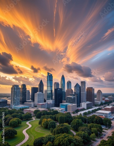 Dramatic sunset over houston skyline urban landscape aerial view vibrant colors evening atmosphere