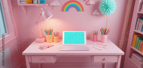 Pastel pink workspace with tablet and rainbow wall decor in child's room.