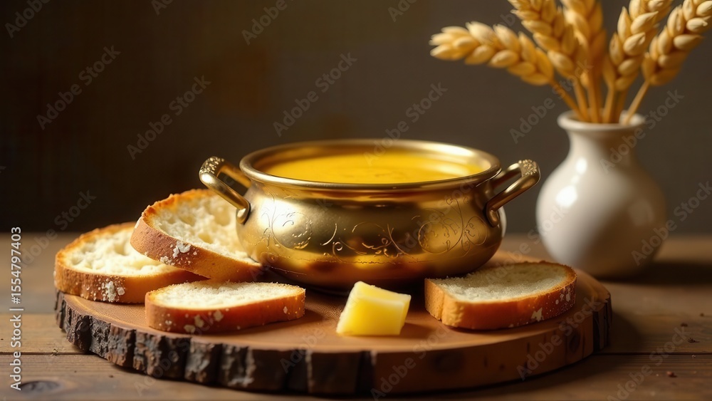 Fototapeta premium Aromatic Creamy Soup Served in Ornate Bowl with Crusty Bread and Cheese