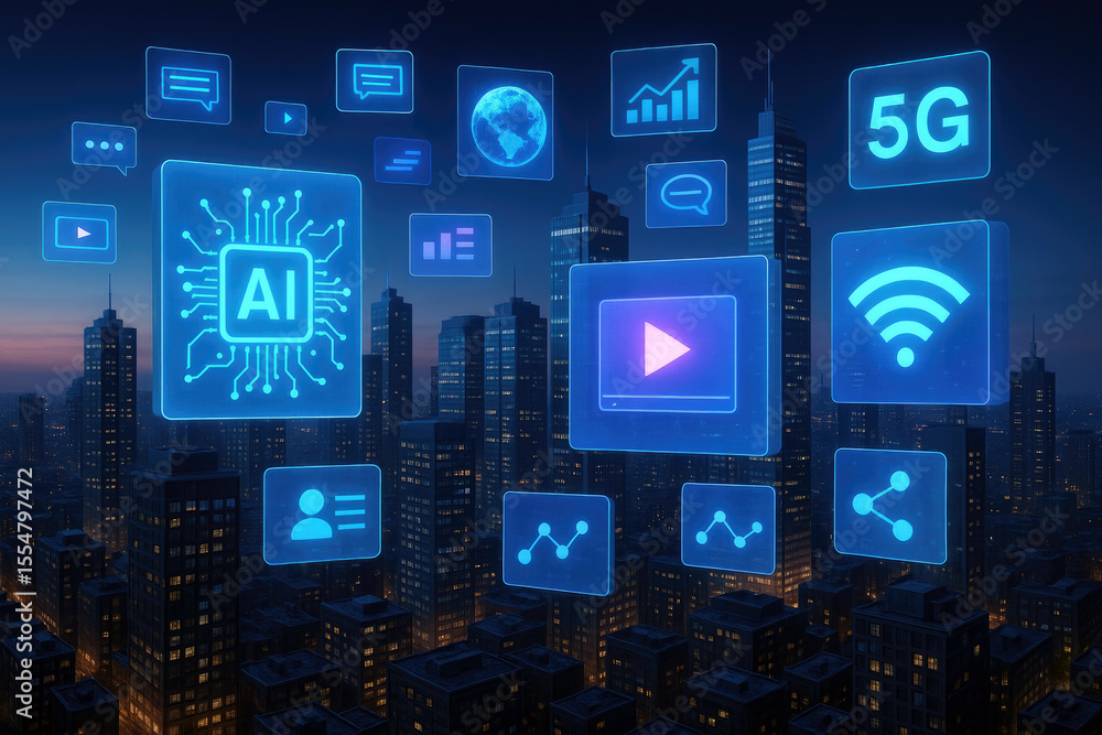 Futuristic city with glowing digital icons cityscape technology Futuristic city with glowing digital icons cityscape technology