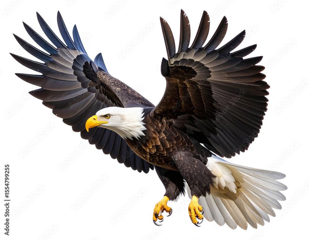 Obraz premium Side View of Bald Eagle Gliding with Graceful Wing Tilt Transparent Background PNG