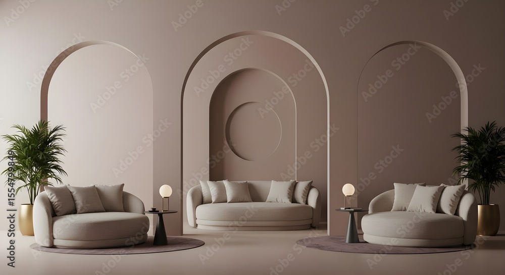 Fototapeta premium Beige, Living room, Modern, Modern Beige Living Room with Archways and Round Furniture