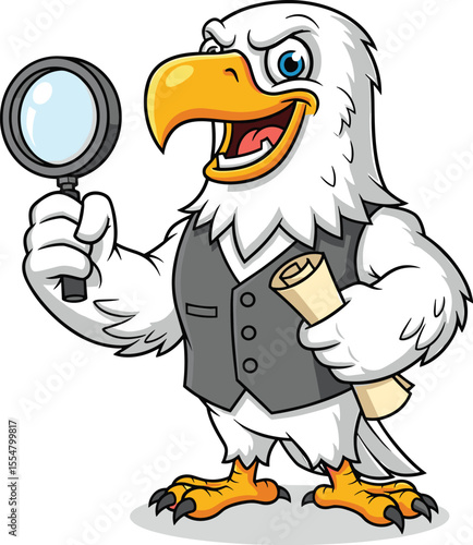 Eagle detective cartoon character holding a magnifying glass and a document. An investigator bird mascot searching for clues or doing research and analysis.