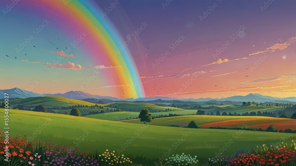 Naklejka premium Spring Rainbow Illustration With Blossoms and Pastel Hill View