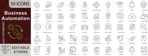 Business Automation Icon Set - 50 Editable Workflow Process Icons for Digital Transformation, AI and Enterprise Efficiency Vector Collection. Editable Stroke linear icons