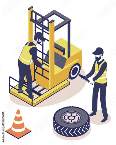 Industrial technicians performing forklift wheel repair with proper safety gear and tools on an isolated platform during scheduled warehouse maintenance.