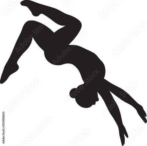 Black Gymnast Silhouette in Mid-Air Somersault Pose – High-Resolution Vector Illustration on White Background