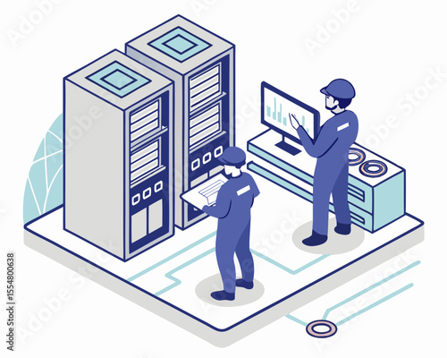 Isometric illustration of a cybersecurity engineer and IT support staff installing an electrical system in a data center, isolated on white background.