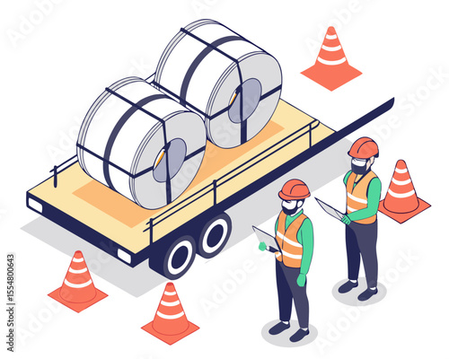 Workers performing safety inspection of steel coils loaded on a flatbed trailer for transport, isometric industrial cartoon vector.