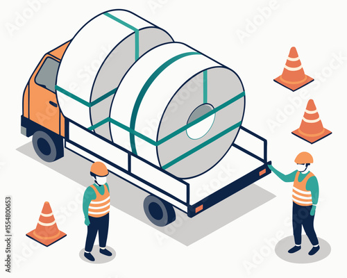 Isometric cartoon illustration of logistics staff checking the secure placement of steel coils on a flatbed trailer during transport.