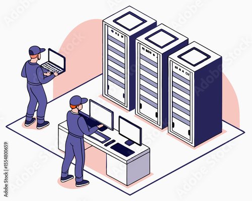 Server room scene with cybersecurity engineer and IT technician configuring power systems, isometric view, isolated on white.