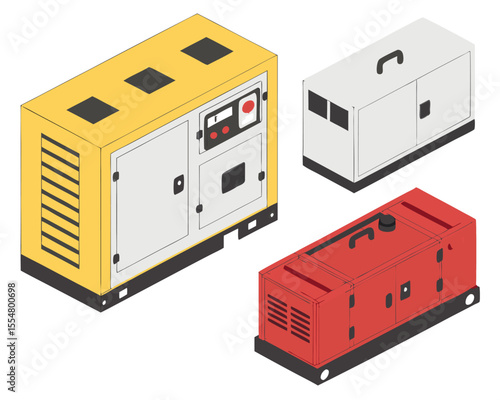 Isometric illustration of gas-powered generators in multiple sizes and configurations for use in industry, construction, and residential settings, isolated on white background.