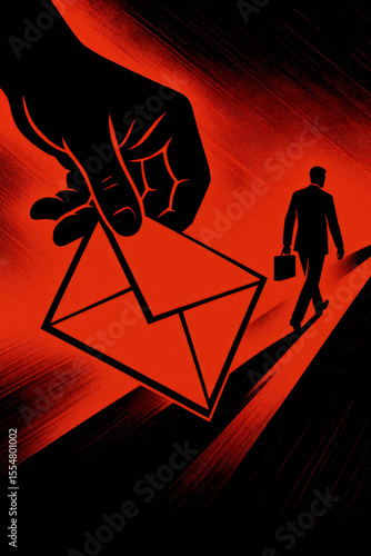 Giant hand delivering envelope to businessman walking on red path briefcase