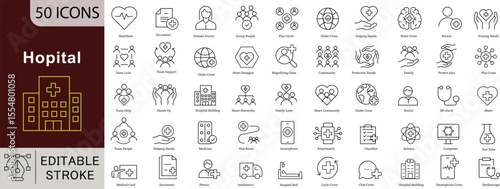 Hospital & Healthcare Line Icons Set: Medical, Doctor, Patient Care & Community Support. Editable Stroke linear icons