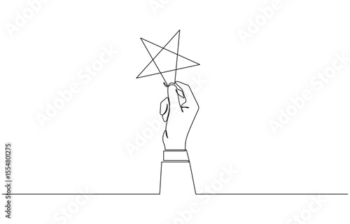 Continuous one line hand hold star with forefinger and thumb, Hand holds star on the palm of his hand, puts rating, reviews. Vector continuous line.