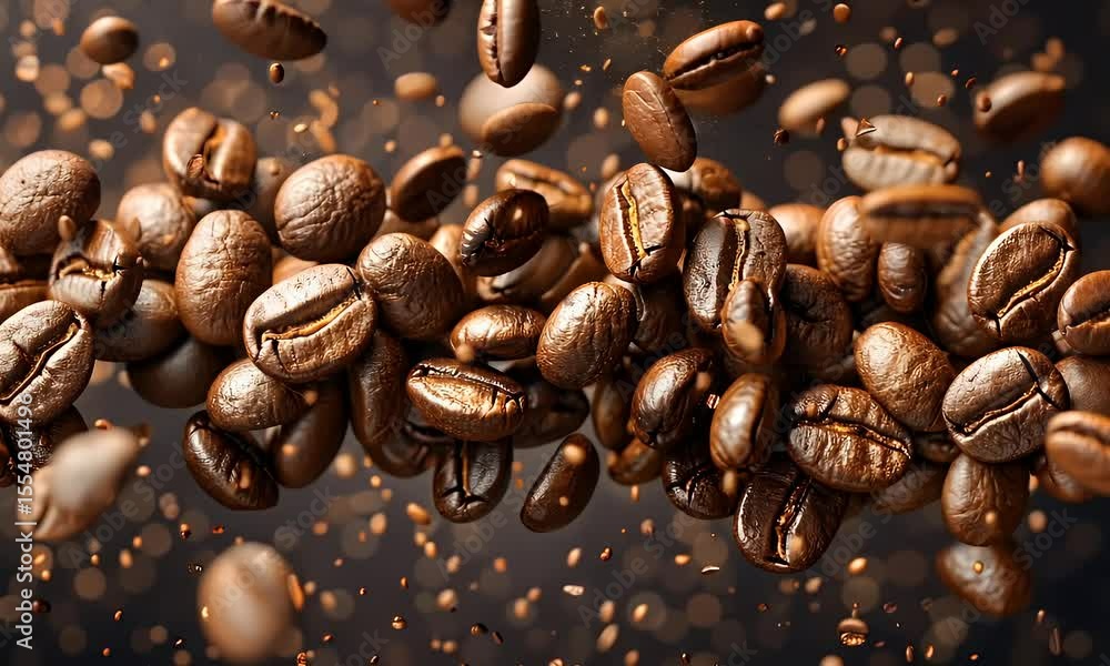 A full-frame shot of coffee beans falling with soft bokeh lighting in a studio setup. A full-frame shot of coffee beans falling with soft bokeh lighting in a studio setup.