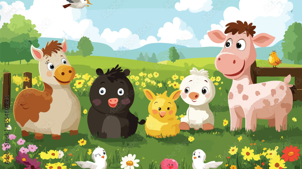 Fototapeta premium Cute Farm Animals Cartoon Vector