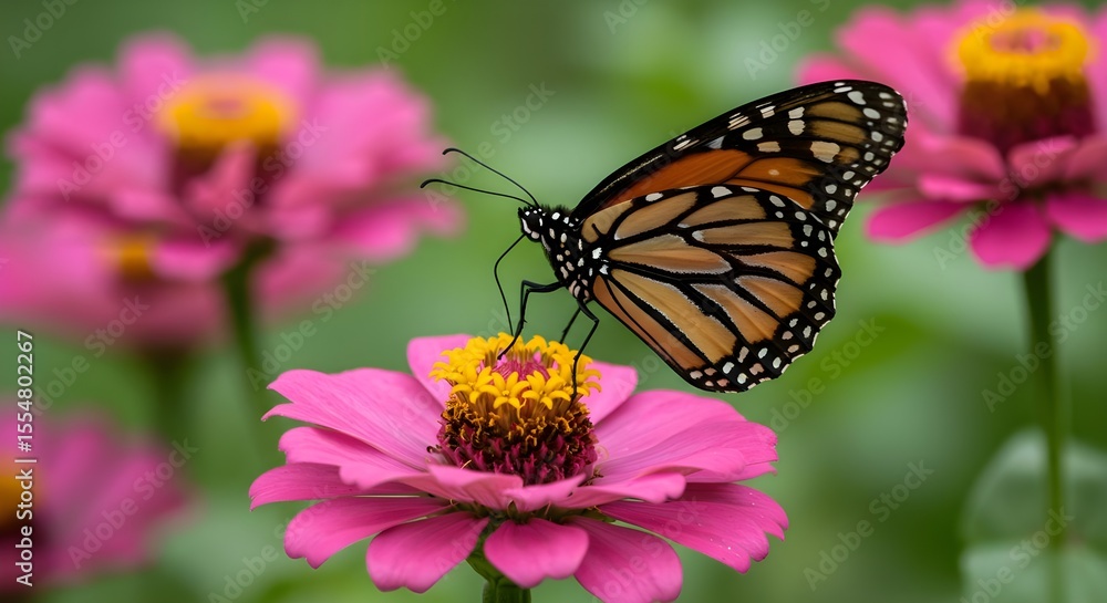Fototapeta premium Monarch butterfly, Butterfly, Insect, Monarch Butterfly on Pink Zinnia Flower