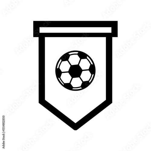 Minimalist outline icon illustration of a hanging pennant or flag featuring a soccer ball in its center. 